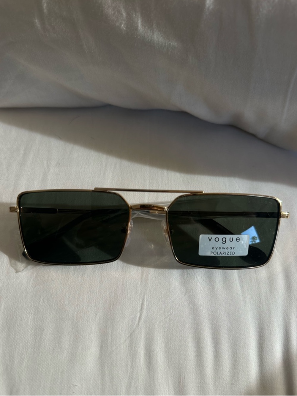 Vogue Eyewear- Polarized Rectangular Sunglasses in Gold with Dark Green Lenses